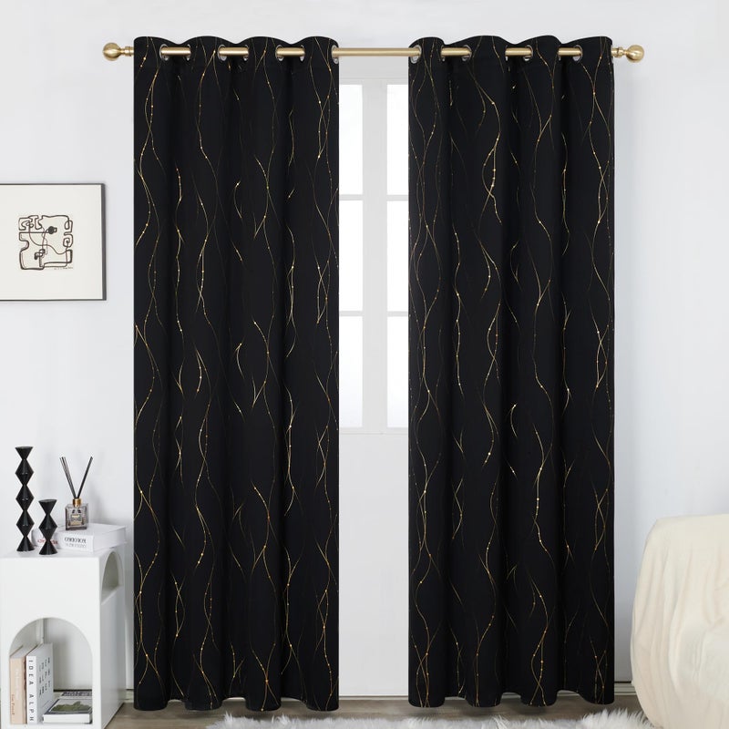 Deconovo Blackout Curtains 2 Panels for Bedroom and Living Room, Gold Foil Wave Lines and Dots, Thermal Insulated Room Darkening Grommet Window Drapes for Nursery and Kids Room, Black, 52W x 84L Inch - Image 2